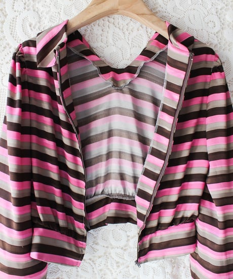 【tiny yearn】Vintage Multi Boarder Scarf Collar Blouse