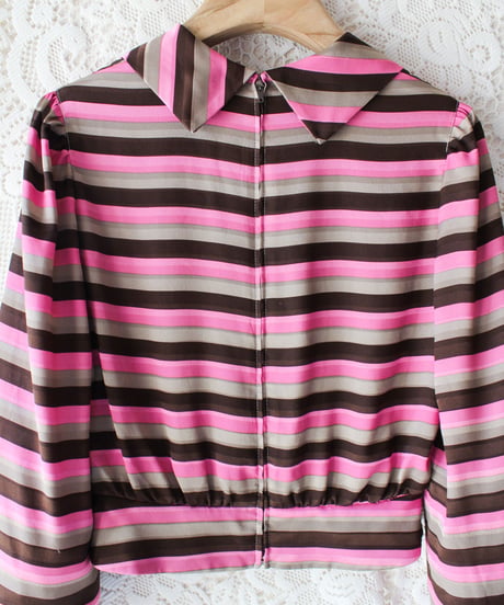 【tiny yearn】Vintage Multi Boarder Scarf Collar Blouse