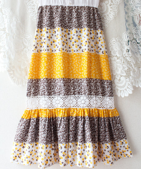 【tiny yearn】1970's Lace Floral Frill Maxi Dress