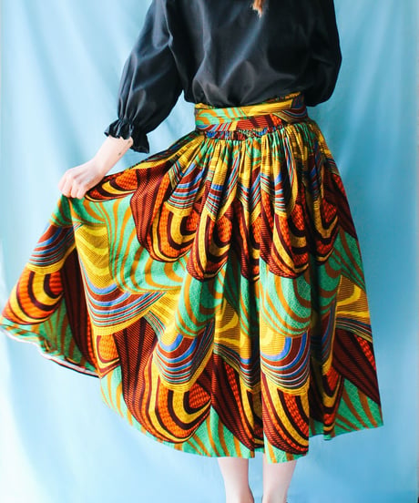 【tiny yearn】African batik Ribbon Flare Skirt