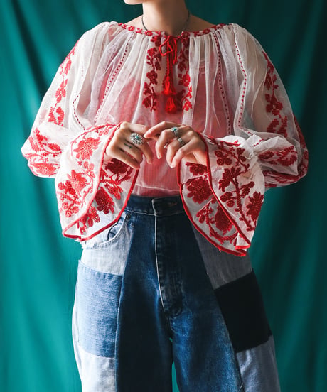 【Seek an nur】Romanian Vintage Embroidered Tulle Blouse