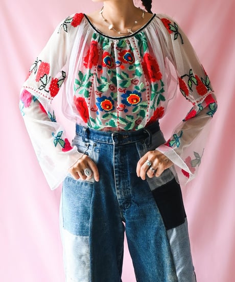 【tiny yearn】Romanian Vintage Embroidered Tulle Blouse