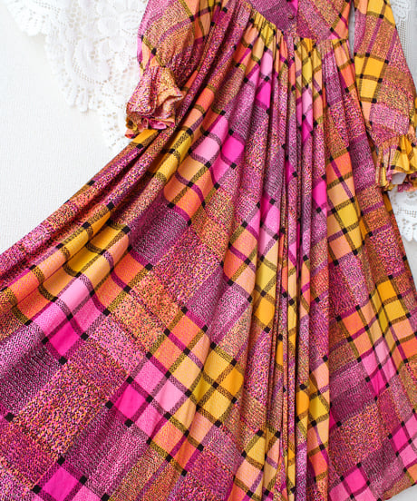 【tiny yearn】1970's Vintage Check Flare Maxi Dress