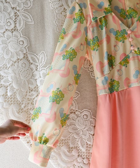【tiny yearn】1970's Floral Geometric Maxi Dress