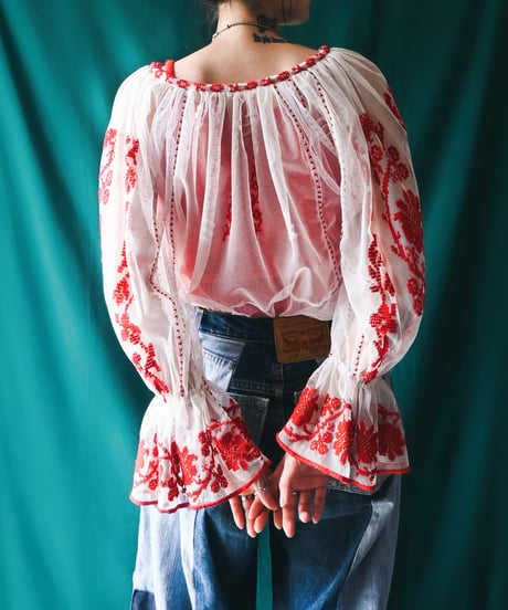 【Seek an nur】Romanian Vintage Embroidered Tulle Blouse