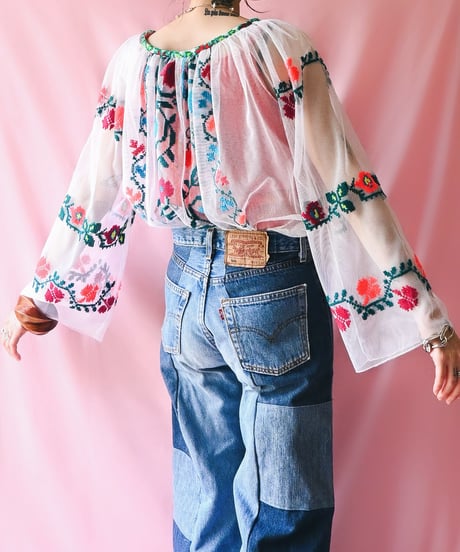 【tiny yearn】Romanian Vintage Embroidered Tulle Blouse