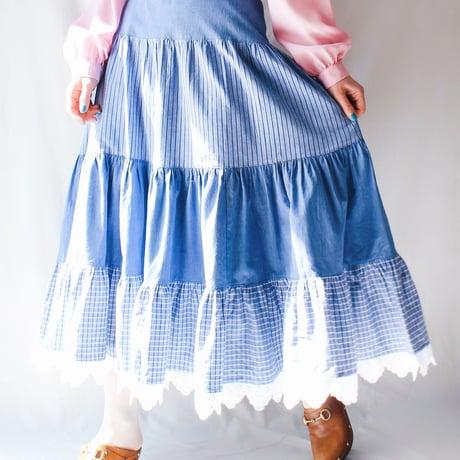 【Seek an nur】German Stripe×Check Tiered Flare Skirt