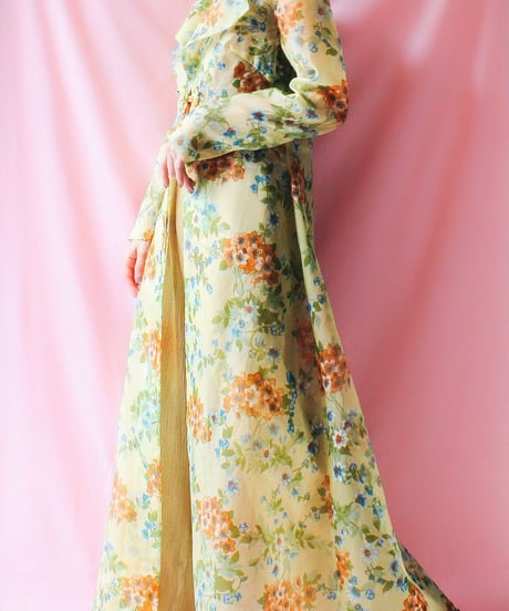 【tiny yearn】1970's Floral Sheer Maxi Dress Gown