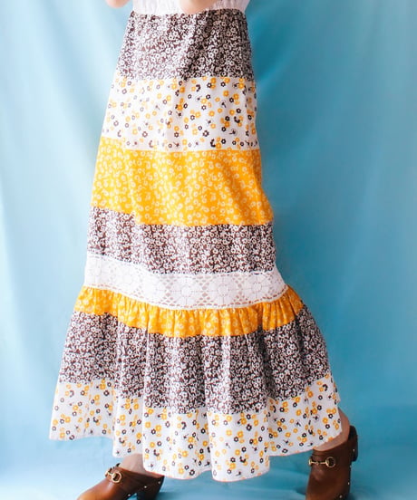 【tiny yearn】1970's Lace Floral Frill Maxi Dress