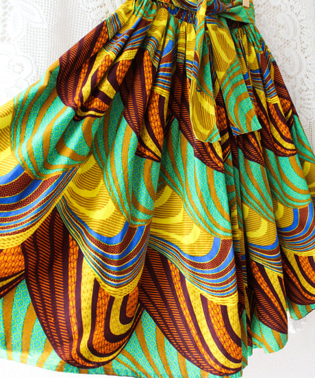 【tiny yearn】African batik Ribbon Flare Skirt