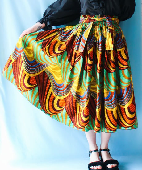 【tiny yearn】African batik Ribbon Flare Skirt