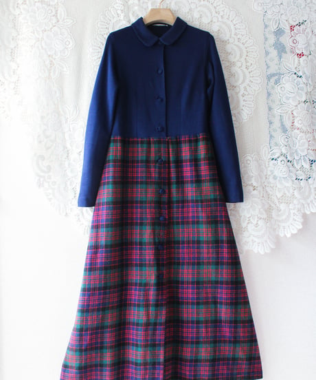 【tiny yearn】1970's Check Knit Shirt Maxi Dress