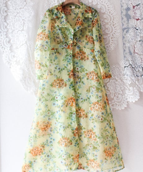 【tiny yearn】1970's Floral Sheer Maxi Dress Gown