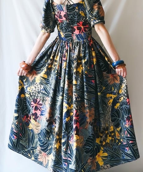 【Seek an nur】Euro Tropical Puff Flare Dress