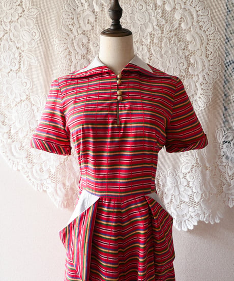 【tiny yearn】1950~60's Multi Border Flare Dress