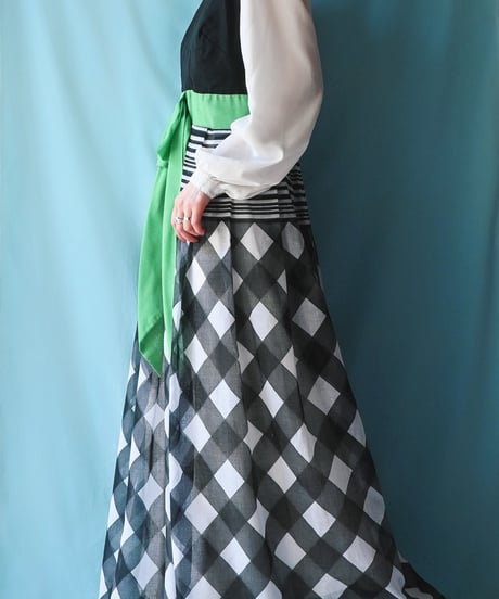 【tiny yearn】1970's Ribbon Sheer Check Maxi Dress