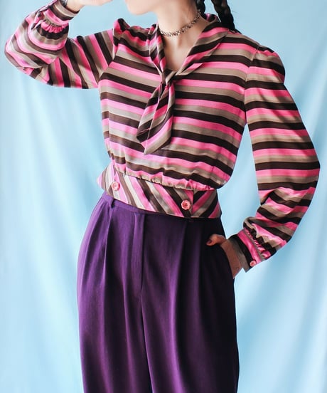【tiny yearn】Vintage Multi Boarder Scarf Collar Blouse
