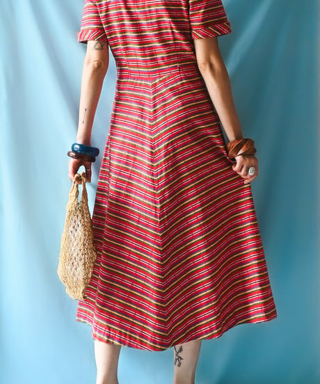 【tiny yearn】1950~60's Multi Border Flare Dress