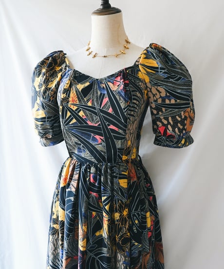 【Seek an nur】Euro Tropical Puff Flare Dress