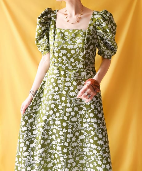 【tiny yearn】Floral Jacquard Puff Maxi Dress