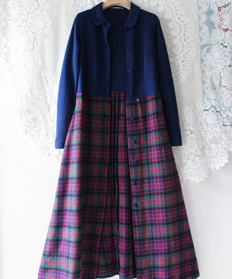【tiny yearn】1970's Check Knit Shirt Maxi Dress