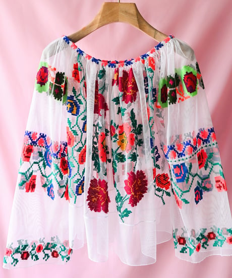 【tiny yearn】Romanian Vintage Embroidered Tulle Blouse