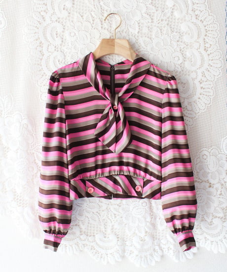 【tiny yearn】Vintage Multi Boarder Scarf Collar Blouse