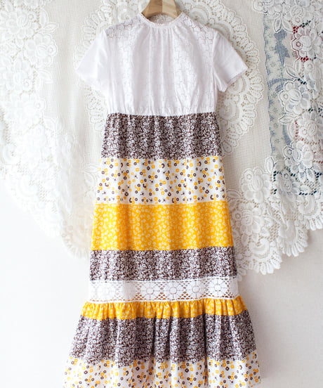【tiny yearn】1970's Lace Floral Frill Maxi Dress
