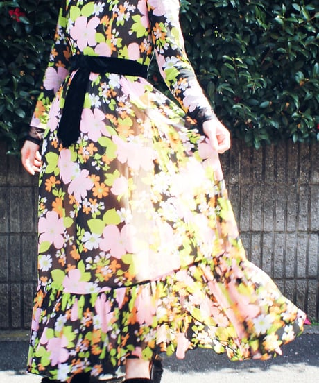 【tiny yearn】1970's Vintage Floral Sheer Maxi Dress