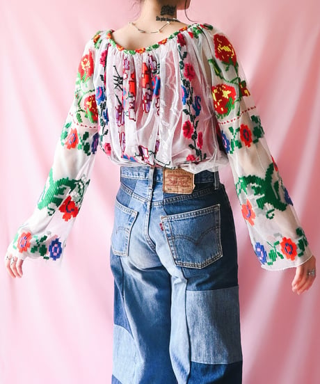 【tiny yearn】Romanian Vintage Embroidered Tulle Blouse