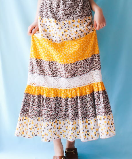 【tiny yearn】1970's Lace Floral Frill Maxi Dress
