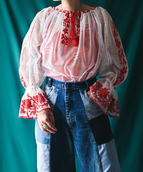 【Seek an nur】Romanian Vintage Embroidered Tulle Blouse