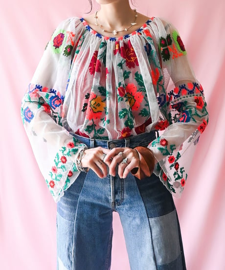 【tiny yearn】Romanian Vintage Embroidered Tulle Blouse