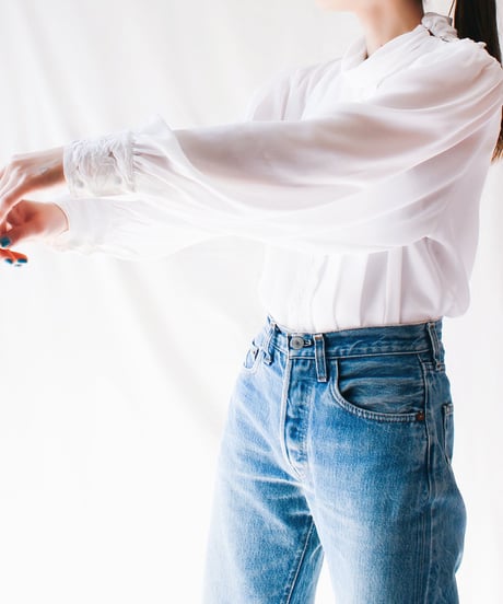【Seek an nur】White Embroidered Pleats Sheer Blouse