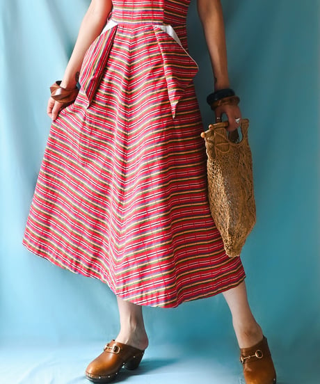 【tiny yearn】1950~60's Multi Border Flare Dress