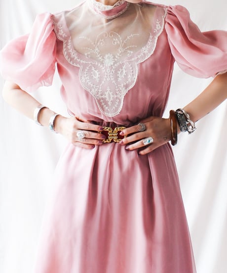 【Seek an nur】Lace Puff sleeve Sheer Long Dress