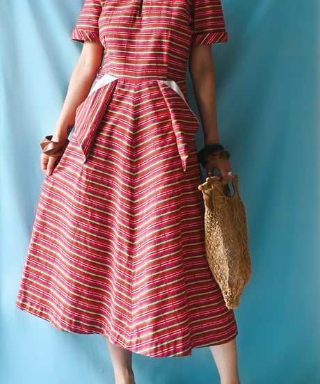 【tiny yearn】1950~60's Multi Border Flare Dress