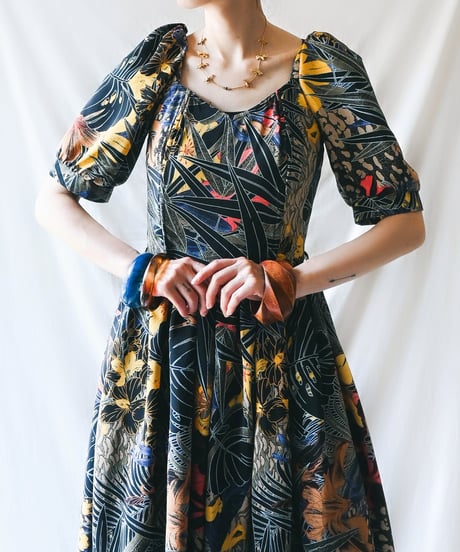 【Seek an nur】Euro Tropical Puff Flare Dress