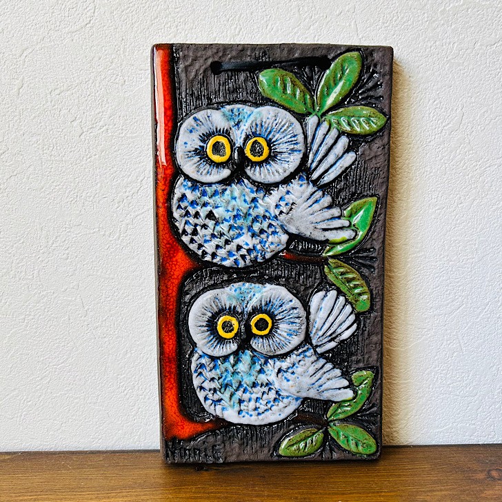 ニニー・フォースグレン 2羽の白いフクロウの陶板 23cm 1960年代