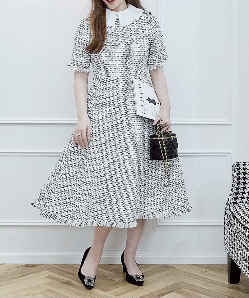 Chiffon Collar Tweed Dress | LADYM