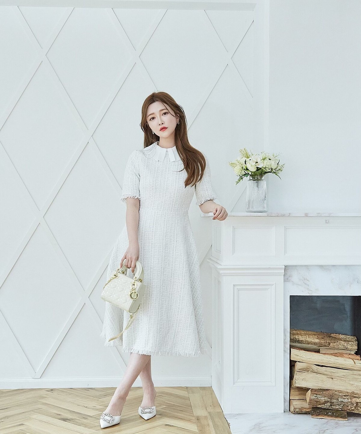 Chiffon Collar Tweed Dress | LADYM