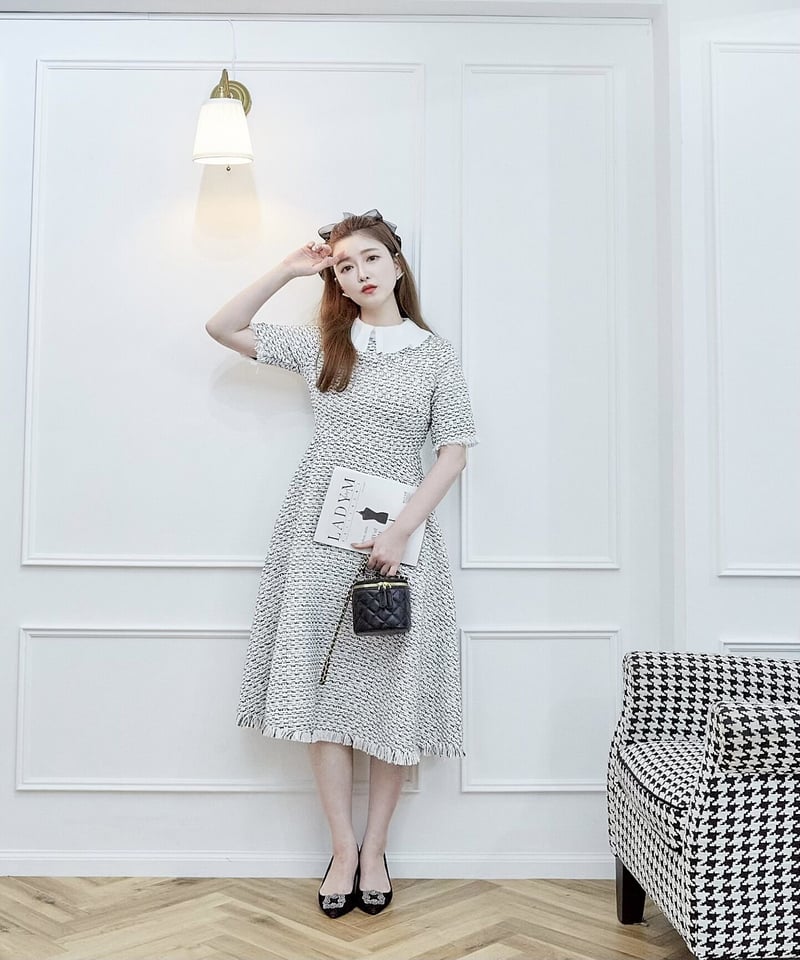 Chiffon Collar Tweed Dress | LADYM