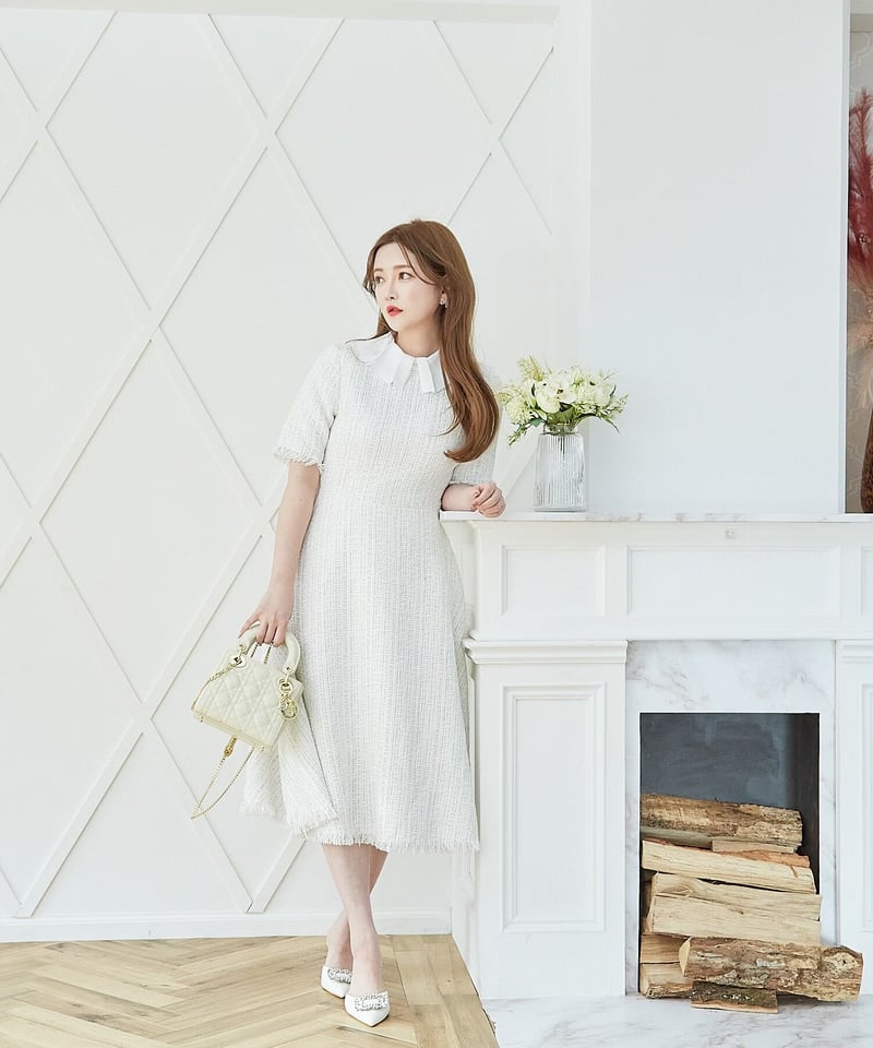 Chiffon Collar Tweed Dress | LADYM