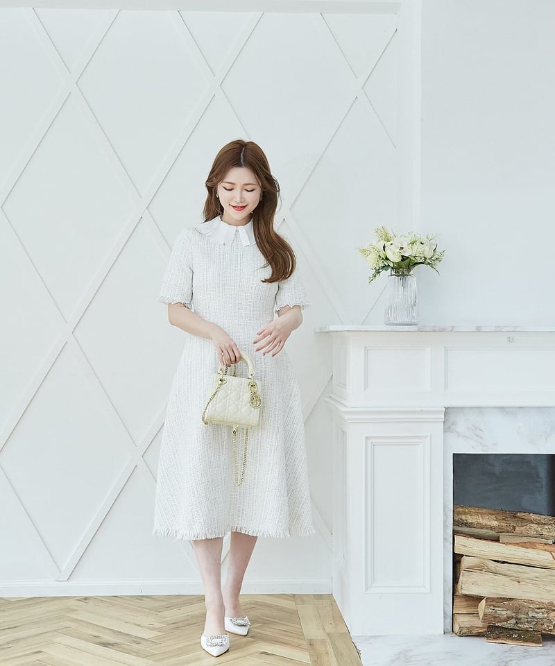 Chiffon Collar Tweed Dress | LADYM