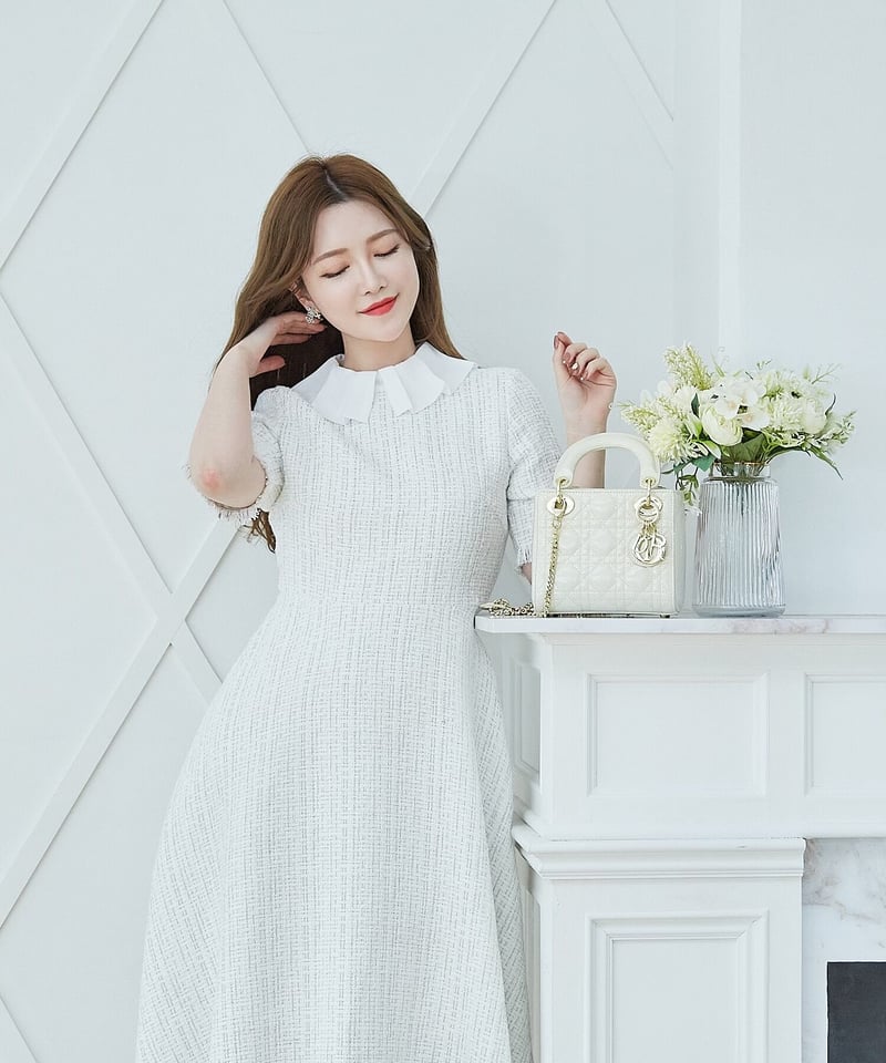 Chiffon Collar Tweed Dress | LADYM