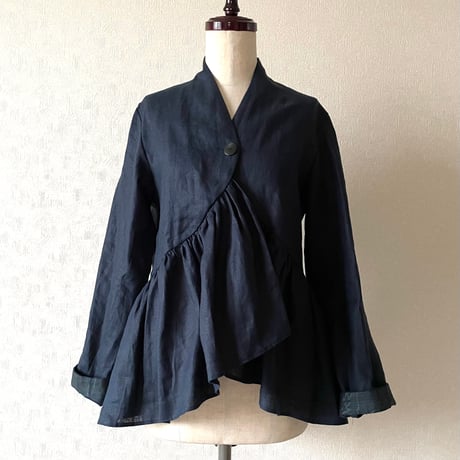 バックダイヤ・トップス【藍色】Linen gathered top x Kimono Fabric