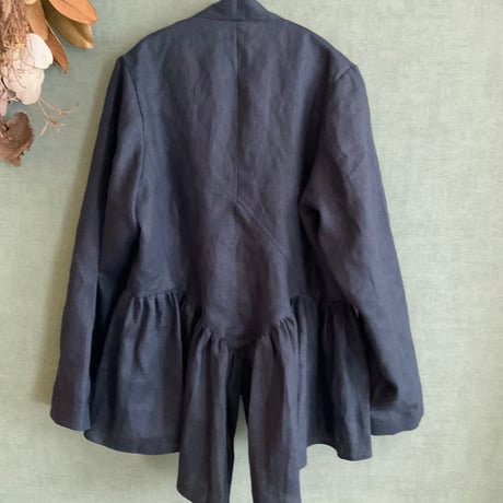 バックダイヤ・トップス【藍色】Linen gathered top x Kimono Fabric
