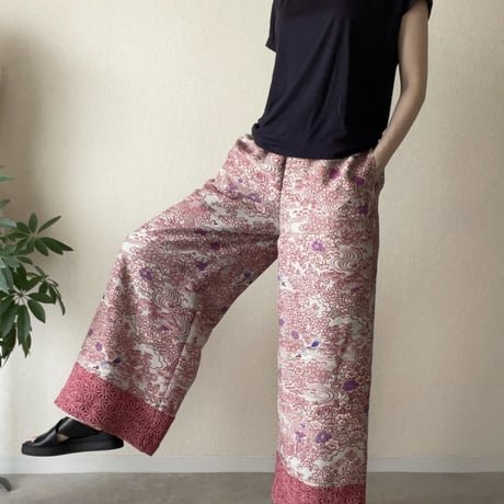 『毧互：JUGO』wide pants-Dyed kimono pants with 15 sparrows