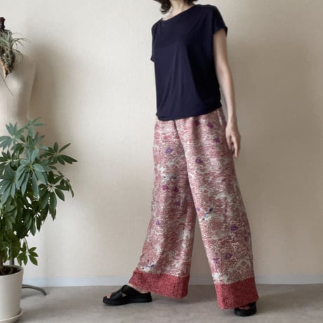 『毧互：JUGO』wide pants-Dyed kimono pants with 15 sparrows