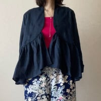 バックダイヤ・トップス【藍色】Linen gathered top x Kimono Fabric